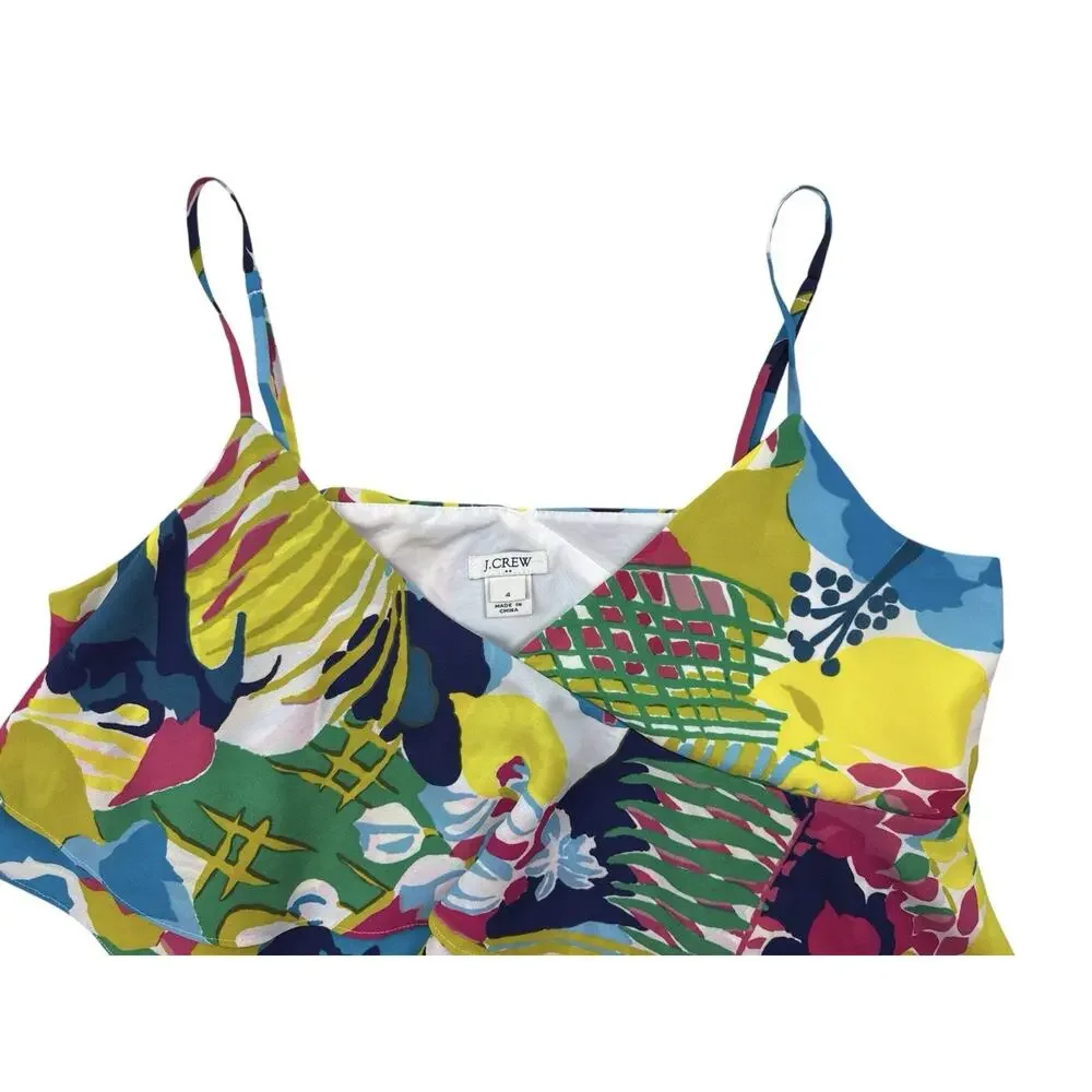 J.Crew Dress Ruffle Front Bright Multi Floral Spaghetti Strap Midi Size 4